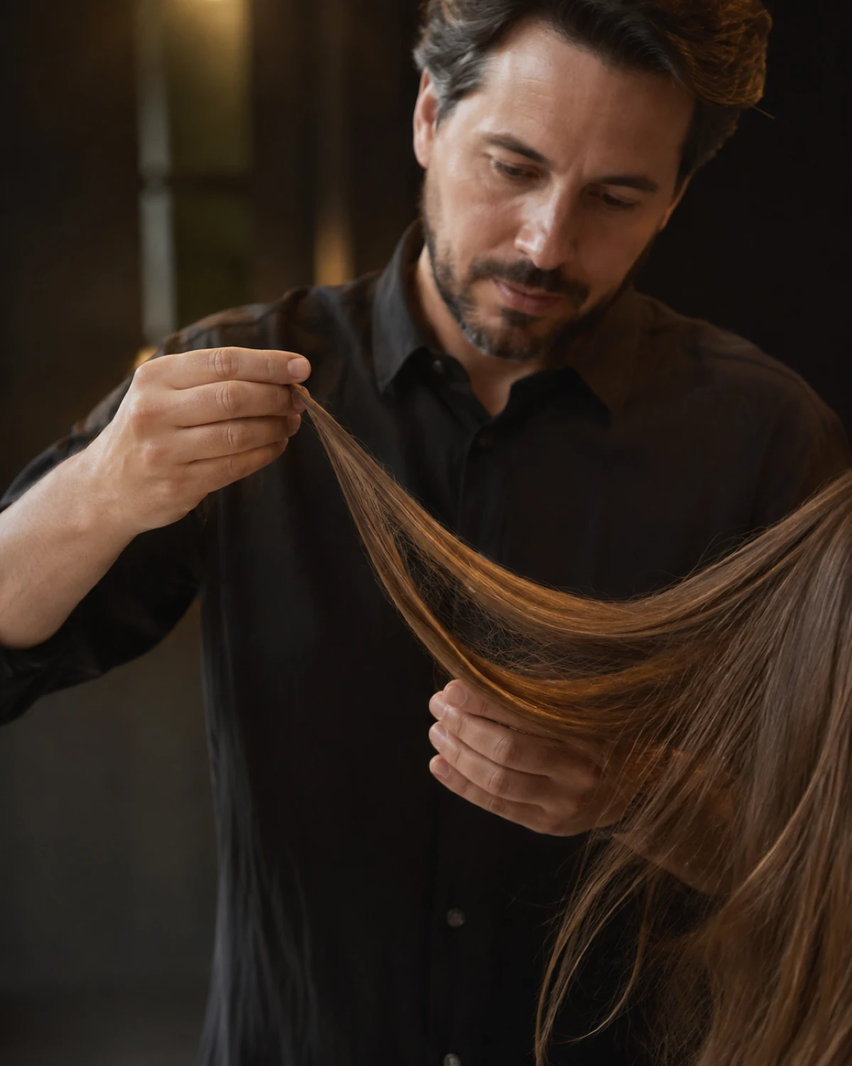 Profesional trabajando el brillo y la textura de un mechón de cabello.
